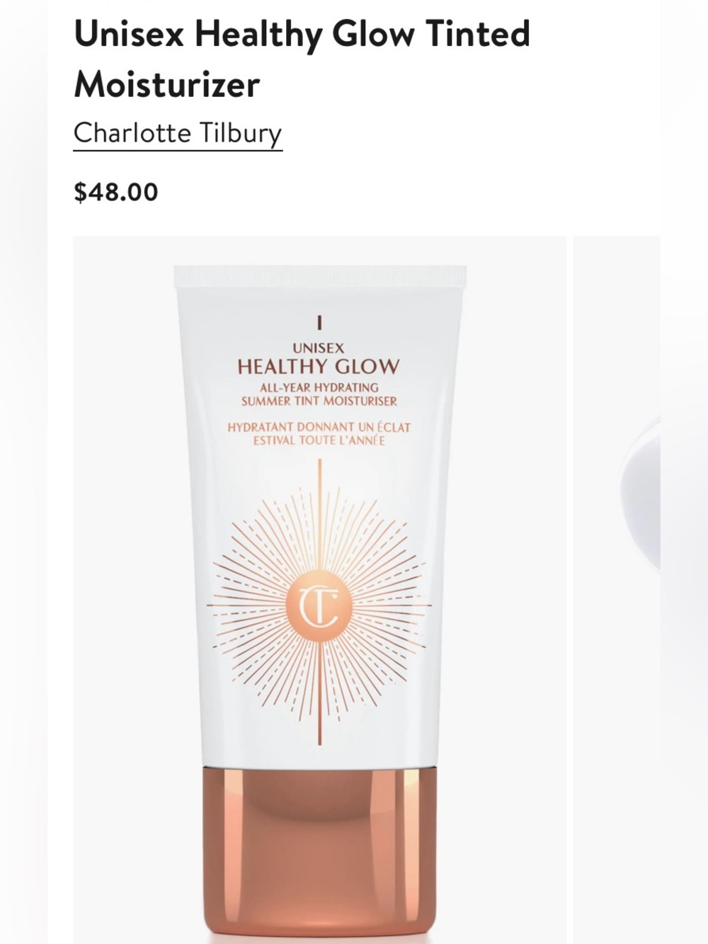 Charlotte Tilbury Tinted Moisturizer - White Tube with Peach-Gold Accents